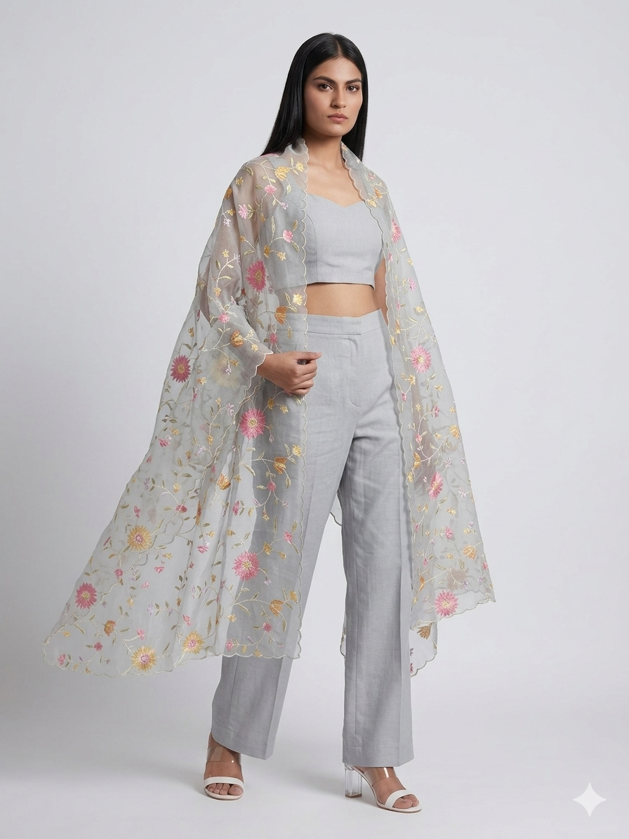 Silver Flora Organza Dupatta