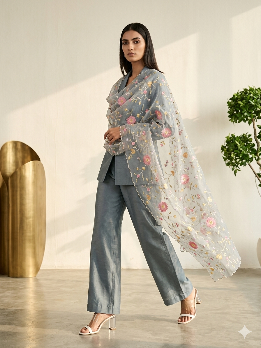 Silver Flora Organza Dupatta